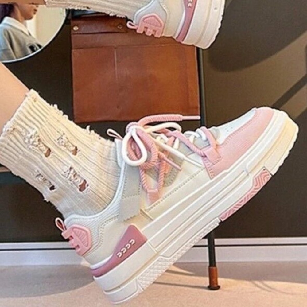 SHEIN Fashion Sneakers Chunky Platform Lace Up Casual Shoes White Pink Sz 8 - Picture 15 of 16
